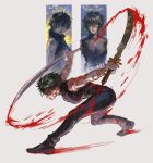  2girls absurdres asymmetrical_dual_wielding black_pants blood burn_scar dual_wielding english_text green_hair highres holding holding_sword holding_weapon jujutsu_kaisen katana kornart multiple_girls one_eye_closed pants scar scar_on_arm scar_on_face scene_reference serious short_hair siblings sisters sleeveless sleeveless_turtleneck split_soul_katana_(jujutsu_kaisen) squatting sword turtleneck weapon zen'in_mai zen'in_maki zen'in_maki_(post_shibuya) 