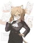  1girl adjusting_eyewear animal_ear_fluff animal_ears animal_nose ascot black_jacket black_skirt brown_hair bulging_eyes cat_ears cat_girl cat_tail commentary commentary_request doodle_inset folded_ponytail furry furry_female glasses hand_on_own_hip highres hitoner jacket looking_at_viewer multiple_views namiura open_mouth pawpads round_eyewear sharp_teeth short_eyebrows skirt snout tail teeth tonerico two-tone_fur white_ascot white_fur yellow_eyes yellow_fur 