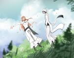  1boy 1girl artist_name black_boots black_hair black_lips black_sash black_trim bleach boots breasts closed_eyes cloud cloudy_sky coattails commentary dress english_commentary facial_mark full_body grass hair_ornament half_mask hand_in_pocket hetero highres inoue_orihime jacket juliet_sleeves keitoz korean_commentary large_breasts leaf long_hair long_skirt long_sleeves mask mixed-language_commentary open_mouth orange_hair outstretched_arms pants parted_bangs puffy_sleeves sash short_hair skirt sky smile snowflake_hair_ornament spread_arms tailcoat ulquiorra_cifer white_dress white_jacket white_pants white_skirt 