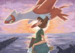  1girl bag bianca_(pokemon_heroes) blue_bag brown_eyes brown_hair commentary_request from_side green_shirt hat highres holding holding_sketchbook latias ocean omochi_(aoi_guruguru) pokemon pokemon_(anime) pokemon_(classic_anime) pokemon_(creature) pokemon_heroes:_latios_&amp;_latias shirt short_hair short_sleeves shoulder_bag signature sketchbook sun watermark white_hat 