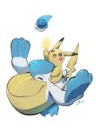  bird castform castform_(rainy) closed_eyes closed_mouth commentary electricity no_humans nullma open_mouth pelican pelipper pikachu pokemon pokemon_(creature) pokemon_focus rain riding riding_pokemon smile tail untranslatable_commentary wings 
