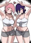  2girls absurdres aguxxxuu arm_up armpits breasts camisole chainsaw_man cleavage closed_mouth commentary_request death_devil_(chainsaw_man) dolphin_shorts earrings fami_(chainsaw_man) green_eyes grey_shorts hair_between_eyes highres jewelry large_breasts looking_at_viewer multiple_girls open_mouth pink_eyes pink_hair purple_hair reze_(chainsaw_man) shorts stitched_torso stitches sweat v white_camisole 