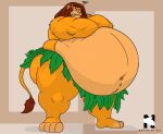  angry anthro belly big_belly bodily_fluids disney eyes_closed felid fur grass_skirt hi_res huge_belly lion male mammal mane musclegut muscular muscular_arms pantherine simba_(the_lion_king) solo standing sweat the_lion_king yellow_body yellow_fur zangokunatenshi 