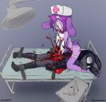 anthro anthro_on_anthro bat bed bodily_fluids bound bravo_(bravobunny) bravobunny clothed clothed_male clothing collar crossdressing death duo femboy furniture gore guts hair hat headgear headwear hi_res intestines lagomorph leporid male male/male mammal nurse_clothing nurse_hat nurse_headwear on_bed open_mouth open_smile organs pink_collar purple_hair rabbit smile tears