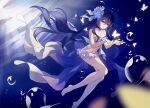  1girl absurdres air_bubble bare_arms bare_legs bare_shoulders barefoot bikini bikini_skirt blue_background blue_eyes blue_flower blue_hair bow bow_bikini breasts bubble bug butterfly chinese_commentary cleavage closed_mouth collarbone commentary_request double-parted_bangs dutch_angle floating_hair flower frilled_bikini frills full_body grey_pupils hair_between_eyes hair_flower hair_ornament hands_up highres honkai_(series) honkai_impact_3rd knee_up kun_kun light_rays light_smile long_hair looking_ahead looking_at_animal medium_breasts navel ocean official_alternate_costume open_hands plantar_flexion seele_vollerei seele_vollerei_(summer_2023) solo split_mouth stomach swimsuit underwater very_long_hair white_bikini white_bow white_butterfly 