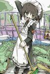  1girl apron black_dress boots bow broom brown_hair cleaning crocodile crocodilian dress frilled_apron frills full_body green_eyes holding holding_broom indoors long_sleeves looking_at_viewer maid maid_apron maid_headdress naaaaaaaa open_mouth original railing ribbon short_hair sign smile solo standing water white_apron 