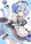  1girl absurdres ahoge animal_ear_fluff animal_ears apron black_hat black_shirt black_shoes black_sleeves blue_bow blue_eyes blue_hair blueberry bow breasts brown_sailor_collar brown_skirt cat_ears cat_girl cat_tail chromatic_aberration commentary_request detached_sleeves food frilled_apron frills fruit hair_bun hat highres indie_virtual_youtuber kurokami_nekoya leg_up maid mary_janes medium_breasts multicolored_hair multiple_tails open_mouth pantyhose pleated_skirt rimu_(vtuber) sailor_collar shirt shoes skirt smile solo streaked_hair tail two-tone_hair two_tails virtual_youtuber white_apron white_pantyhose 
