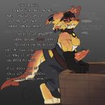 anthro bangs belt bodily_fluids brown_nose chin_tuft clothed clothed_female clothing collar dialogue droppit_(xonn) ear_piercing eye_bags facial_tuft female fluffy_ears gem gloves handwear herm hi_res horn intersex kobold lipstick makeup messy_fur muscular object_humping overalls paws piercing red_eyes scalie sharp_teeth solo spade_tail sweat tail teeth topwear tube_top tuft tusks xonn
