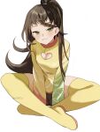  1girl artist_name blush borrowed_character braid breasts brown_hair brown_shorts cleavage cleavage_cutout clothing_cutout commentary_request crossed_legs green_eyes heart_cutout highres long_hair long_sleeves looking_at_viewer misato_pic original ponytail shirt shorts simple_background sitting small_breasts smile solo thighhighs white_background yellow_shirt yellow_thighhighs 