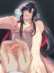  2boys :q ahoge alternate_costume aslle babydoll black_background black_hair blurry blurry_foreground blush bound bound_wrists breath come_hither commentary_request crossdressing depth_of_field grandmaster_of_demonic_cultivation hair_ribbon highres licking_lips lingerie long_hair looking_at_viewer male_focus multiple_boys naughty_face nightgown out_of_frame parted_lips pectoral_cleavage pectorals pink_nightgown ponytail pov pov_hands purple_eyes red_ribbon ribbon saliva sidelocks smile solo_focus straddling toned toned_male tongue tongue_out trap underwear undressing very_long_hair wei_wuxian yaoi 
