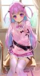  1girl absurdres ahoge animal_ear_legwear belt black_belt black_bow blue_hair blunt_bangs blush bow bowtie braid cardigan cat_ear_legwear cat_hair_ornament classroom closed_mouth collared_shirt colored_inner_hair curtains desk frilled_skirt frills hair_bow hair_ornament hairclip hand_on_own_chest highres hololive indoors kakuma_aru long_hair long_sleeves looking_at_viewer minato_aqua minato_aqua_(school_uniform) miniskirt multicolored_hair o-ring official_alternate_costume on_desk pink_bow pink_bowtie pink_cardigan pink_hair pink_skirt plaid_bow plaid_bowtie plaid_clothes plaid_skirt pleated_skirt purple_eyes purple_hair school_desk school_uniform shirt sitting skirt smile solo streaked_hair sweater thigh_strap thighhighs two-tone_hair two_side_up virtual_youtuber white_shirt white_thighhighs window x_hair_ornament zettai_ryouiki 