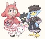  2boys 2girls adjusting_eyewear alternate_costume animal_ears antlers berdly_(deltarune) bird_boy black-framed_eyewear black_eyes black_hat blonde_hair buck_teeth character_name character_request closed_mouth commentary_request deer_ears deltarune freckles furry furry_female furry_male glasses grey_background hair_ornament hairclip hat highres horns kuromi multiple_boys multiple_girls my_melody noelle_holiday nomu_poncha open_mouth reindeer_antlers reindeer_girl sanrio simple_background smile teeth utdr_(toby_fox) 