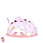  ahoge blue_archive blush_stickers chibi closed_eyes colored_shadow commentary_request grey_hair hair_ornament hairclip highres hina_(blue_archive) horns kurukurumagical long_hair lying motion_lines on_stomach parted_bangs shadow simple_background single_hair_intake sleeping solo very_long_hair white_background yurie_mouth zzz 