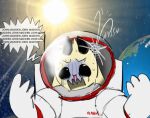  anthro asphyxiation astronaut blood bodily_fluids bovid bravobunny caprine earth fur goat imminent_death john_madden_(meme) male mammal nervous nervous_sweat nosebleed planet solo space speech_bubble sun sweat yellow_body yellow_fur 