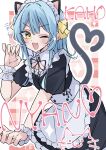  1girl :d ;d absurdres animal_ears apron bell black_dress black_ribbon blue_hair blush border buttons cat cat_ears cat_tail center-flap_bangs character_name commentary_request cowboy_shot double-breasted double-parted_bangs dress fake_animal_ears fang flipped_hair frilled_dress frilled_wrist_cuffs frills grey_tail hair_intakes hair_ribbon heart heart_tail highres jingle_bell koyanagi_kaho leaning_forward looking_at_viewer maid maid_apron maid_headdress medium_hair melon_kohashi neck_ribbon nyan one_eye_closed open_mouth outline paw_pose pink_background plaid_background puffy_short_sleeves puffy_sleeves ribbon short_dress short_sleeves skin_fang smile solo sparkle tail translation_request waist_apron watashi_ga_koibito_ni_nareru_wake_naijan_murimuri! white_apron white_border white_outline white_wrist_cuffs wing_collar wrist_cuffs yellow_eyes yellow_ribbon 