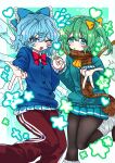  2girls :d :o absurdres alternate_costume aqua_cardigan aqua_eyes ascot blue_bow blue_cardigan blue_eyes blue_hair blush bow bowtie cardigan cirno commentary_request commission daiyousei fairy fairy_wings green_hair heart highres holding_hands ice ice_wings interlocked_fingers long_sleeves looking_at_viewer loose_socks medium_hair multiple_girls open_mouth oyatu_yatu pants pantyhose parted_lips plaid_clothes plaid_scarf red_bow red_bowtie red_pants ribbon scarf side_ponytail smile socks star_(symbol) touhou track_pants v wings yellow_ascot yellow_ribbon 