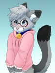 2026 anthro bashful bell bell_collar blue_collar blue_eyes blush bottomless bottomless_anthro bottomless_male clothed clothing collar digital_media_(artwork) dipstick_ears dipstick_tail domestic_cat ear_markings egyptian_mau eyewear felid feline felis femboy feve fur glasses gold_bell grey_body hair hi_res holding_clothing holding_object hoodie looking_at_viewer male mammal markings multicolored_ears nixuelle pink_clothing pink_hoodie pink_topwear round_glasses shy simple_background smile solo spots spotted_markings standing tail tail_markings topwear whiskers
