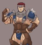  1boy bara closed_mouth commentary_request fighter_(fire_emblem_fates) fire_emblem fire_emblem_fates flexing highres large_pectorals looking_at_viewer male_focus muscular muscular_arms muscular_male pectorals shirako_(kirupi) short_hair simple_background solo thick_thighs thighs veins 