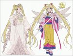  1girl bishoujo_senshi_sailor_moon blonde_hair blue_eyes blue_sandals closed_mouth commentary_request crescent double_bun facial_mark forehead_mark frills gloves grey_background grey_gloves grey_kimono grey_socks hair_bun hakusai_(tiahszld) holding holding_staff japanese_clothes kimono long_sleeves multiple_views obi parted_bangs platform_heels platform_sandals sailor_moon sandals sash smile socks staff standing tabi twintails wide_sleeves 