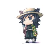  1boy animal_ears belt black_hair black_jacket black_pants blue_eyes buttons chibi chibi_only demon_slayer_uniform food full_body gold_buttons haori hat highres holding holding_food holding_popsicle jacket japanese_clothes kikkoumon kimetsu_no_yaiba long_hair low_ponytail male_focus pants ponytail popsicle print_haori red_haori shadow solo spiked_hair standing tomioka_giyuu twitter_username ura_ura001 white_belt 
