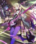  3girls adahime_(shadowverse:_worlds_beyond) ankle_boots black_eyes black_skirt blonde_hair blue_eyes blue_hair boots breasts commentary_request copyright_name crop_top drumsticks grey_jacket grey_skirt grin guitar headphones highres holding holding_drumsticks holding_guitar holding_instrument holding_plectrum instrument jacket jewelry keytar lace-up_boots long_hair looking_at_another looking_at_viewer lulumi_(shadowverse:_worlds_beyond) medium_breasts mikebosi miniskirt multiple_girls official_art open_clothes open_jacket outdoors pantyhose playing_instrument pleated_skirt plectrum pointy_ears purple_pantyhose raz_(shadowverse:_worlds_beyond) red_hair red_pupils red_skirt round_eyewear shadowverse shadowverse:_worlds_beyond short_hair skirt smile stairs standing surprised swept_bangs thighlet 