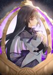  1girl absurdres akemi_homura akemi_homura_(magical_girl) back_ribbon black_hair black_hairband breasts closed_mouth commentary_request cowboy_shot expressionless grey_skirt hairband hand_on_own_wrist highres kurokami_nekoya layered_sleeves long_hair long_sleeves magical_girl mahou_shoujo_madoka_magica mahou_shoujo_madoka_magica_(anime) neck_ribbon pleated_skirt purple_eyes purple_ribbon ribbon shirt skirt small_breasts solo soul_gem white_shirt 