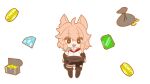  :3 ahoge animal_ears animated animated_gif asymmetrical_shorts black_eyes blonde_hair boots braid brown_boots brown_gloves cat_ears cat_girl cat_tail cats_&amp;_crypts chibi coin diamond_(gemstone) elbow_gloves fang gem gloves gold_coin hair_between_eyes highres knee_boots looping_animation mario_grant natasha_(cats_&amp;_crypts) non-web_source notched_ear open_mouth red_scarf scarf shirt short_hair shorts sidelocks single_braided_sidelock single_shoulder_pad single_wrist_guard tail torn_clothes torn_shorts treasure_chest white_shirt 