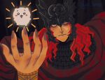  1boy armor black_snake chainmail chiikawa chiikawa_(character) creature crossover elden_ring elden_ring:_shadow_of_the_erdtree english_commentary hand_up helmet highres medium_hair messmer_the_impaler one_eye_closed ornate_armor p_lxnet red_hair red_robe red_shawl red_snake robe shawl signature single_bracelet snake twitter_username winged_helmet yellow_eyes 