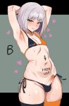  1boy armpits arms_up bikini blush body_writing erection fate/grand_order fate/strange_fake fate_(series) francois_prelati_(fate) heart highres letter men's_toilet_symbol navel penis pornhub restroom_symbol short_hair side-tie_bikini_bottom small_penis smile solo standing sweat swimsuit thighhighs thighs trap white_hair zanegoodell 