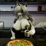 3d_(artwork) absurd_res anthro beverage big_breasts blacklya bodily_fluids bra breast_milking breasts canid canid_demon canine canis clothing coffee coffee_cup container cup demon digital_media_(artwork) domestic_dog erect_nipples female hellaverse hellhound helluva_boss hi_res lace_bra lactating loona_(dogzeela) loona_(helluva_boss) mammal mature_female milk mythological_canine mythological_creature mythology nipple_piercing nipple_ring nipples piercing pinup pose ring_piercing solo thick_thighs underwear