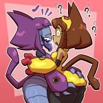 1_eye after_kiss anthro arm_cannon big_butt big_tail big_tongue blush blush_lines bodily_fluids breast_squish breasts brown_hair brown_tail butt butt_grab confuse domestic_cat duo eyelashes eyewear eyewear_on_head felid feline felis female female/female gameoverse glistening glistening_body glistening_thighs glitch_productions goggles goggles_on_head grey_body hair half-closed_eyes hand_on_butt hi_res kit_(gameoverse) malice_(gameoverse) mammal mk210 narrowed_eyes purple_body purple_hair purple_tail purple_tongue red_sclera robot_anthro robotic_arm robotic_body saliva saliva_string shadow sharp_fingers sharp_teeth short_hair simple_background squish standing tail teeth thick_thighs tongue tongue_out whiskers