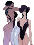  1girl ass black_hair blue_eyes blunt_bangs breasts cleavage commentary cowboy_shot cross-laced_clothes cross-laced_one-piece_swimsuit hat highres hisarakanoi medium_hair multiple_views nico_robin one-piece_swimsuit one_piece profile purple_hat purple_one-piece_swimsuit simple_background swimsuit white_background 