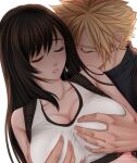  1boy 1girl artist_logo azezazel bare_shoulders black_hair blonde_hair blush breasts cleavage closed_eyes cloud_strife collarbone couple crop_top earrings english_commentary eyelashes final_fantasy final_fantasy_vii final_fantasy_vii_remake grabbing_another's_breast grabbing_from_behind groping hetero highres jewelry large_breasts logo long_hair parted_lips pink_lips ribbed_sweater short_hair signature spiked_hair stud_earrings sweater tank_top teardrop_earrings tifa_lockhart turtleneck turtleneck_sweater twitter_username upper_body white_background white_tank_top 