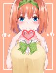  1girl 3: asahiyama_high_school_uniform blue_eyes blush bow bowtie breasts closed_mouth collared_shirt commentary dress_shirt eyelashes frown go-toubun_no_hanayome green_bow green_bowtie green_ribbon hair_between_eyes hair_ribbon hands_up heart heart_hands heart_in_heart_hands highres large_breasts medium_hair nakano_yotsuba orange_background orange_hair plaid_bow plaid_bowtie plaid_clothes ribbon school_uniform shirt simple_background solo sweater_vest upper_body white_shirt yellow_sweater_vest yuteke_key 