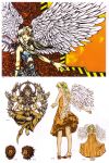  3girls absurdres artbook barefoot beatmania_iidx bemani blonde_hair blue_eyes buddhism cable character_request dress extra_arms facial_mark feathered_wings fire full_body goli_matsumoto highres lion long_hair mudra multiple_girls multiple_views official_art orange_dress scan science_fiction simple_background sitting third-party_source transparent_wings white_background wings 
