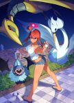  1girl absurdres ariekochan ass bare_shoulders bat_(animal) bird blue_eyes blush breasts colored_sclera commentary commission commissioner_upload denim denim_shorts english_commentary flip-flops gameplay_mechanics gold_skin hair_ornament highres holding holding_poke_ball large_breasts long_hair looking_at_viewer mega_pokemon mega_skarmory metal_skin midriff night noibat non-web_source one_side_up open_mouth parted_lips poke_ball poke_ball_(basic) pokemon pokemon_(creature) pokemon_black_and_white pokemon_legends:_z-a red_hair red_sclera rooftop sandals short_hair_with_long_locks shorts sidelocks skarmory sky skyla_(pokemon) smile swanna tank_top white_tank_top wings 