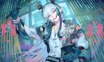  1boy arknights bead_bracelet bead_curtain beads blue_hair blue_hands bonsai bracelet colored_extremities commentary_request dragon_boy dragon_horns dragon_tail gradient_hair head_tilt highres holding horns indoors jacket jewelry looking_at_viewer male_focus multicolored_hair open_mouth pavilionushima pink_eyes pink_hair pointy_ears shirt sidelocks smile solo tail teeth upper_body upper_teeth_only white_jacket white_shirt yi_(arknights) zipper 