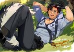  1boy abs amagosi animal_ears arms_behind_head black_choker black_gloves black_hair black_necktie black_pants black_shoes blue_eyes blue_shirt choker commission covered_abs covered_nipples covered_pectorals eyebrow_cut gloves grass haishan_nick large_pectorals lying male_focus multicolored_hair multiple_scars muscular muscular_male necktie on_back on_head original pants pectoral_cleavage pectorals police police_uniform red_hair scar scar_on_cheek scar_on_face scars_all_over shirt shoes short_hair signature skeb_commission smile solo sunglasses tail thank_you tight_clothes winking_(animated) wolf_boy wolf_ears wolf_tail 