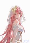  1girl absurdres ambience_synesthesia arknights bare_shoulders closed_mouth commentary dress hair_between_eyes headscarf highres jsnttzzj lemuen_(arknights) lemuen_(requiem_vesperis)_(arknights) long_hair looking_at_viewer official_alternate_costume pink_eyes pink_hair signature simple_background smile solo white_background white_dress 