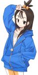  1girl arm_up blue_hoodie brown_eyes brown_hair choker closed_mouth commentary_request hair_ornament hand_in_pocket highres hood hood_down hoodie lida_(pokemon) long_hair long_sleeves pants pokemon pokemon_legends:_z-a simple_background sleeves_past_wrists smile solo topknot v wanikoro_(vchrb) white_background 