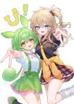  2girls :d arm_around_another's_waist black_shirt blonde_hair blue_eyes blue_nails cardigan cardigan_around_waist clothes_around_waist collared_shirt commentary_request fang fuyu_(xxfylia) green_hair green_shorts gyaru_v hair_between_eyes highres kasukabe_tsumugi leg_warmers long_hair looking_at_viewer multiple_girls necktie one_side_up open_mouth shirt short_sleeves shorts signature skirt smile standing standing_on_one_leg suspenders v voicevox white_background white_leg_warmers white_shirt yellow_cardigan yellow_eyes yellow_necktie zundamon 
