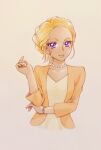  1girl aged_up aizen_(syoshiyuki) amamiya_elena blonde_hair commentary_request cropped_torso dark-skinned_female dark_skin highres jacket jewelry mole mole_under_eye necklace one-hour_drawing_challenge orange_jacket pearl_necklace precure purple_eyes short_hair sidelocks simple_background solo star_twinkle_precure upper_body 