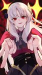  1girl absurdres ascot belt black_ascot black_flower black_rose collared_shirt commentary_request fate/strange_fake fate_(series) flower hair_flower hair_ornament high-waist_skirt highres long_hair long_sleeves looking_at_viewer marumai o-ring o-ring_belt open_mouth philia_(fate) puffy_long_sleeves puffy_sleeves red_eyes red_shirt rose shirt shirt_tucked_in skirt smile solo white_hair 