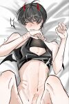 1boy above-cleavage_cutout ahoge black_eyes black_hair black_shirt black_wings blush bruise_on_wrist chinese_commentary claw_pose clothing_cutout commentary_request cum demon_horns demon_king_of_salvation ejaculation flustered from_above hand_up hickey highres horns kim_dokja knees_up looking_at_viewer looking_to_the_side mini_wings no_pants omniscient_reader's_viewpoint pectoral_cleavage pectorals penis shirt short_hair skinny small_penis wings yuyuuuu_owo 