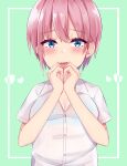  1girl asahiyama_high_school_uniform blue_bra blue_eyes blush bra bra_visible_through_clothes breasts cleavage collared_shirt commentary dress_shirt eyelashes go-toubun_no_hanayome green_background hair_between_eyes hands_up heart heart_hands highres medium_breasts nakano_ichika open_mouth partially_unbuttoned pink_hair school_uniform see-through_clothes see-through_shirt shirt short_hair short_sleeves simple_background solo tsurime underwear upper_body white_shirt yuteke_key 