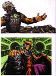  2boys absurdres artbook beatmania_iidx bemani blonde_hair cable character_request dark-skinned_male dark_skin dj facial_mark forehead_mark foreshortening goli_matsumoto headphones highres looking_at_viewer male_focus multiple_boys official_art orange_pants pants scan science_fiction short_hair sitting spiked_hair third-party_source turntable 