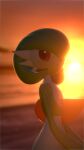 2026 3d_(artwork) ambiguous_gender blurred_background bot1684127 chest_spike clothing digital_media_(artwork) dress gardevoir generation_3_pokemon glistening glistening_eyes green_body green_hair hair hi_res humanoid looking_at_viewer multicolored_body nintendo outside pokemon pokemon_(species) pseudo_clothing pseudo_hair red_eyes sea smile solo spikes spikes_(anatomy) sunset water white_body