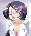  :d blush book breasts breath cleavage cum cum_on_body cum_on_glasses cum_on_hair cum_on_upper_body facial flower glasses hair_ornament hairclip happy_facial jouwan labcoat long_hair makomo_(pokemon) medium_breasts open_mouth pokemon pokemon_(game) pokemon_bw purple_hair semi-rimless_eyewear smile solo under-rim_eyewear upper_body 