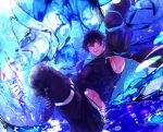  1boy abs aura black_hair black_jacket black_pants black_shirt blue_eyes blue_hoodie blue_theme chain clothes_lift commission cryokinesis dog_tags dynamic_pose energy fighting_stance gold_chain grin hood hoodie ice indie_virtual_youtuber jacket jae_(vtuber) jewelry kicking large_pectorals magic male_focus manly muscular muscular_male navel necklace nipples open_clothes open_jacket pants pectoral_cleavage pectorals shirt short_hair sleeveless sleeveless_shirt smile solo virtual_youtuber water 