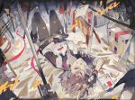  1girl arknights bandaid bandaid_on_cheek bandaid_on_face bandaid_on_nose belt black_belt black_pants black_shoes chinese_commentary closed_mouth commentary_request exusiai_(arknights) full_body jacket knees_up long_sleeves looking_at_viewer lying muyihui on_back one_eye_closed pants purple_eyes purple_hair salute shoes short_hair solo two-finger_salute white_jacket 